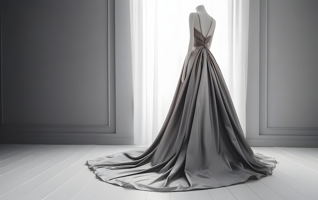 A grey wedding dress on a white floor