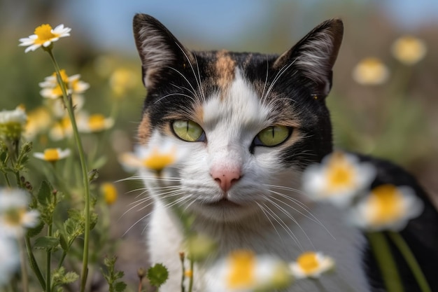 A grey and white cat among flowers against a blue sky