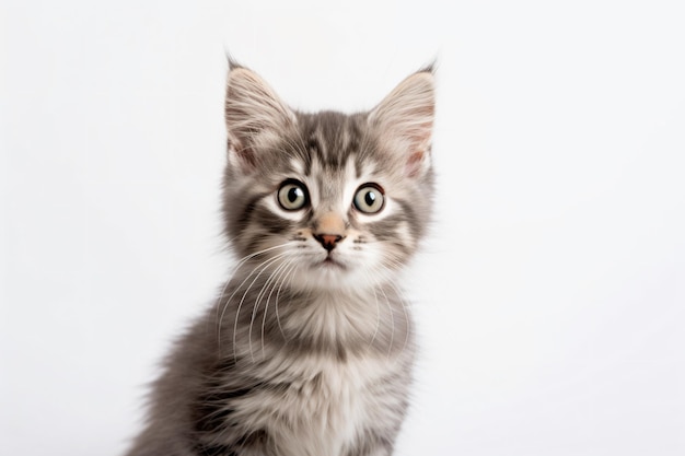 A grey and white cat with a black nose and green eyes.