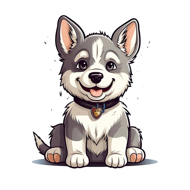 A grey and white cute cartoon dog smiling and sitting on white background AI generated