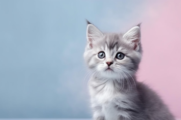 A grey and white kitten with a pink background.