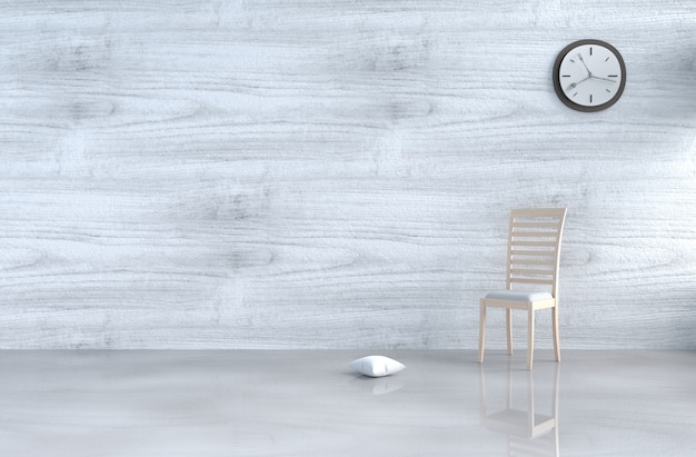 Grey-White living room decor with wood chair,wall clock,white wood wall,pillow,floor. 3d r