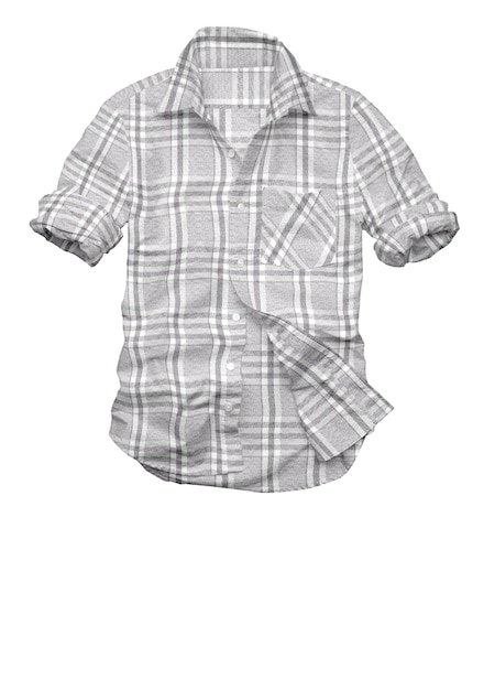A grey and white plaid shirt with a white background