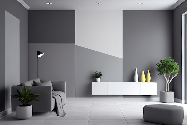 Grey and white wall on living room two tone colorful design3d rendering Generative Ai