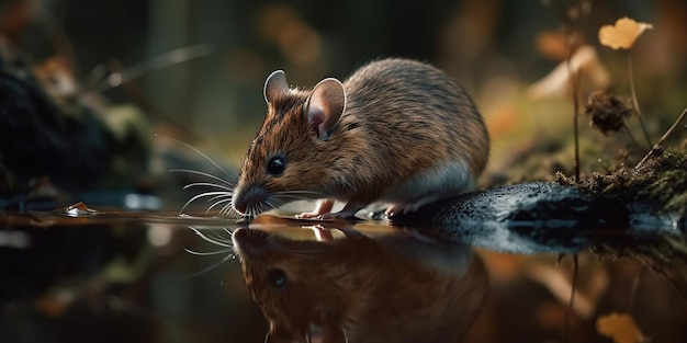 Photo grey wild mouse drinks water form the puddle in the forest