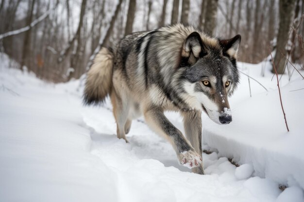 Фото Серый волк идет по снегу, оставляя за собой следы, созданные с помощью генеративного ии