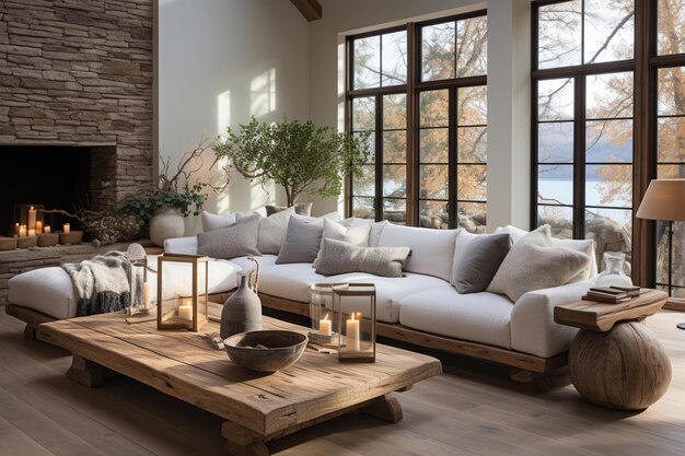 On a grey woven rug theres a white fabric corner sofa and a wooden square coffee table