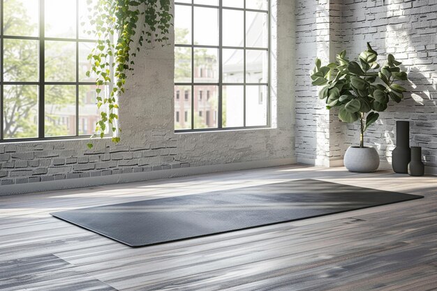 Фото Серый коврик для йоги на деревянном полу в современной фитнес-студии с большими окнами и белыми кирпичными стенами