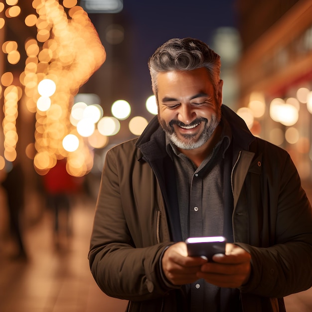 写真 夜の路上で携帯電話を使って微笑む白髪の中年男性