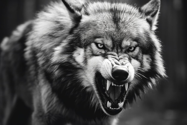 Greyscale closeup shot of an angry wolf with a blurred background