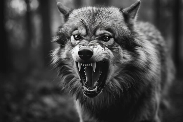 Premium AI Image | Greyscale closeup shot of an angry wolf with a ...