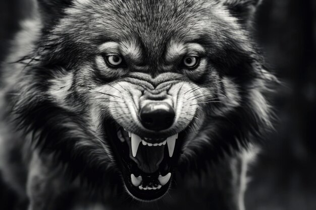 Premium AI Image | Greyscale closeup shot of an angry wolf with a ...