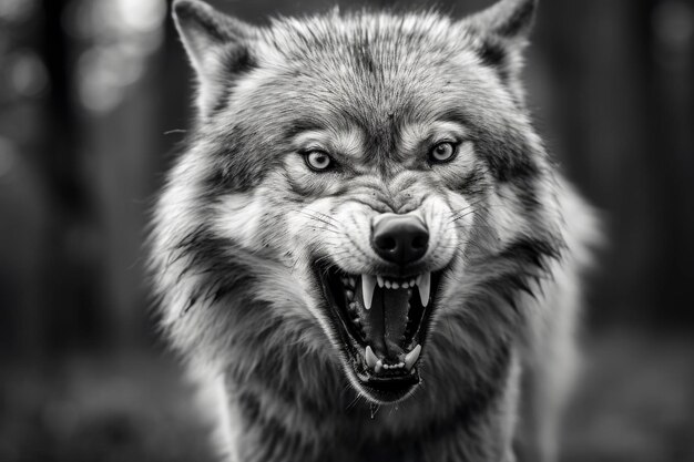 Greyscale closeup shot of an angry wolf with a blurred background