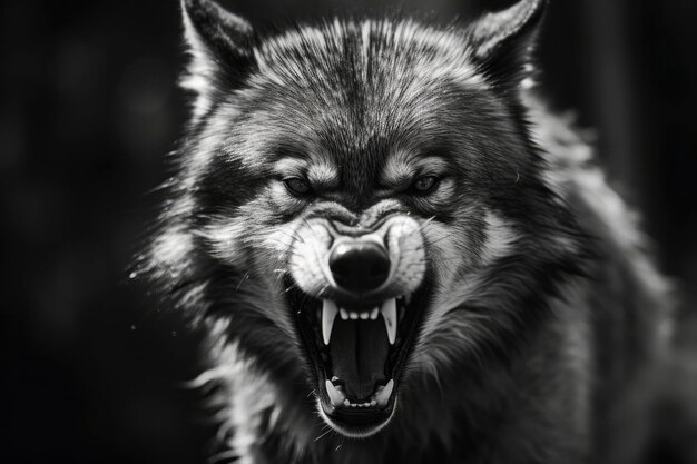 Photo greyscale closeup shot of an angry wolf with a blurred background