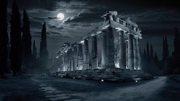 Photo greyscale of the temple of olympian zeus under the lights surrounded by trees during the night