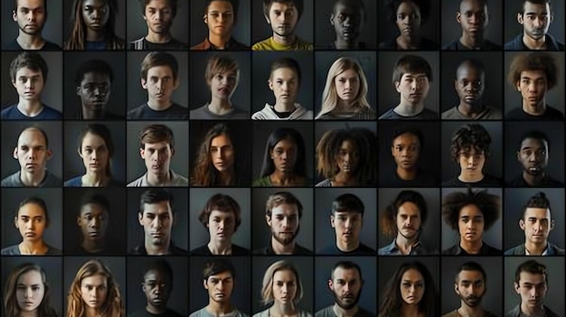 A grid of 30 different peoples faces The people are all different ethnicities and ages They are all looking at the camera with neutral expressions