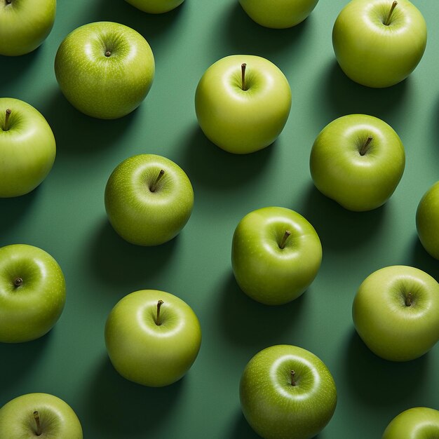 A grid of green apples on a green surface flat lay