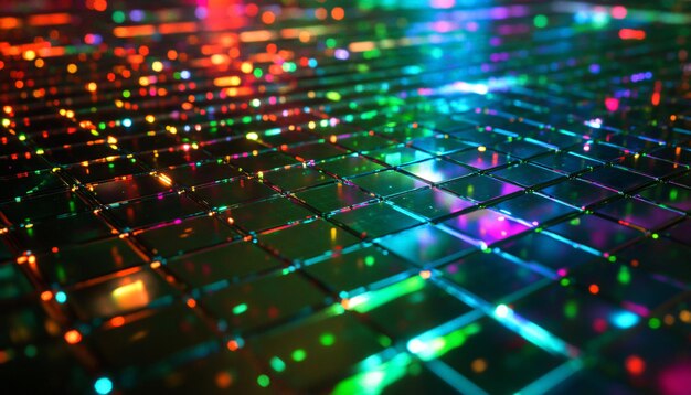 異なる色の正方形のパターンを持つネオンライトのグリッド