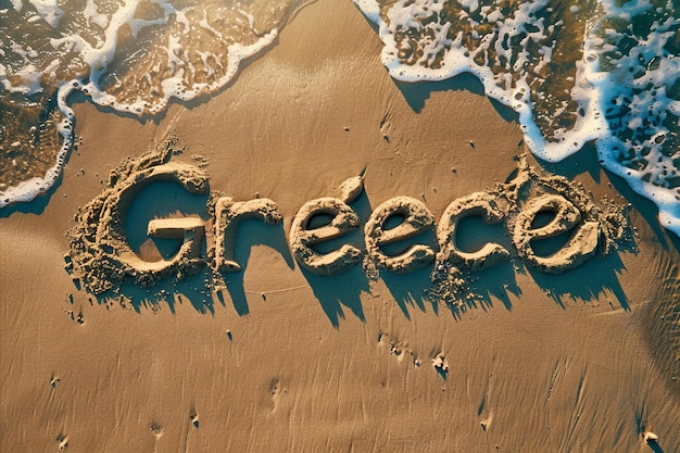 Griekenland geschreven in het zand op een strand Grieks toerisme en vakantie achtergrond