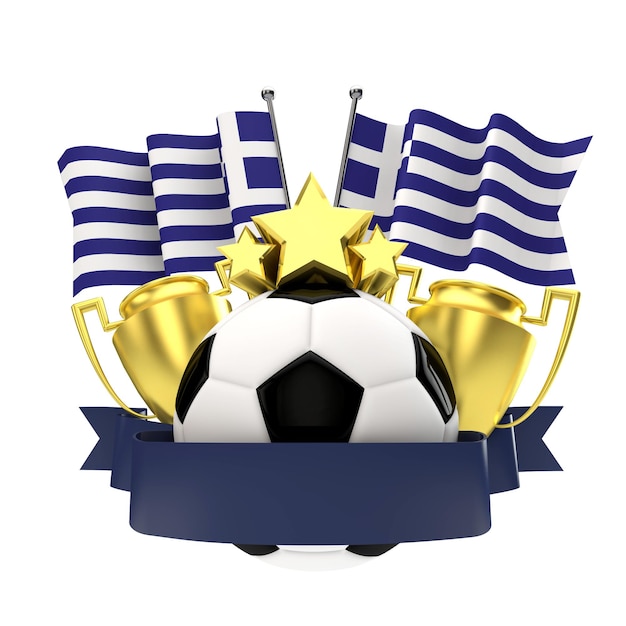 Griekenland vlag voetbal winnaars embleem met trofee sterren bal en lint 3D-rendering