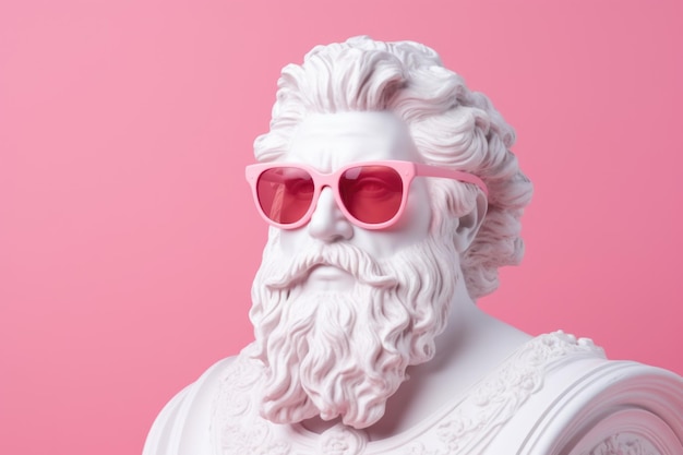 Grieks beeld van de god Zeus met een roze bril op een roze achtergrond