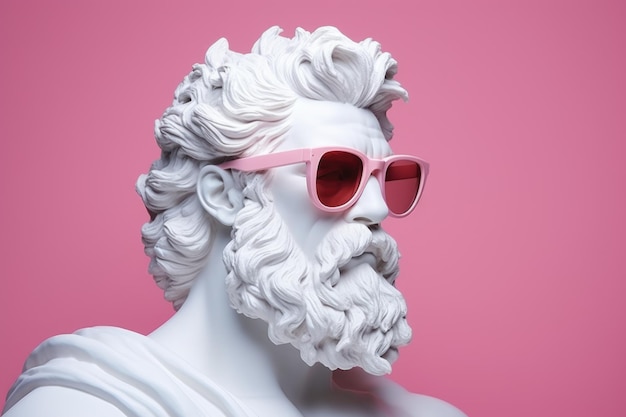 Grieks beeld van de god Zeus met een roze bril op een roze achtergrond