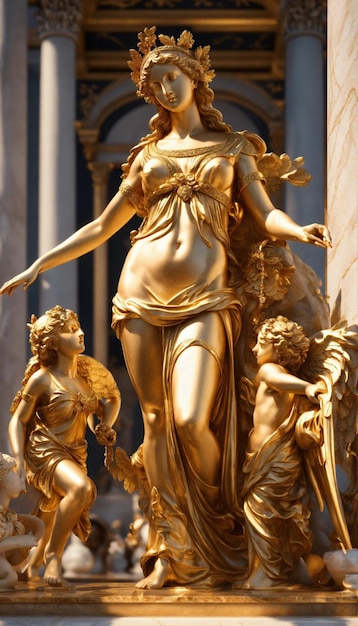 Grieks marmer en goud standbeeld van een godin met engelen renaissance kunst hyper gedetailleerd 8k hyperrealistisch