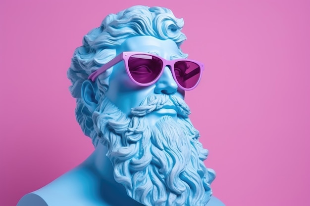 Griekse blauwe buste met de brutale god Zeus met een roze bril op roze pastelkleurige achtergrond