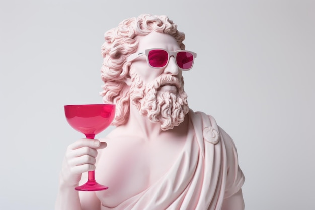 Griekse buste van de god Dionysus met roze bril met een roze beker op een witte achtergrond