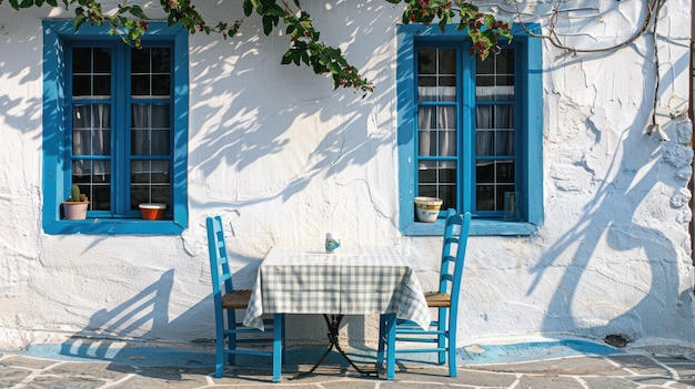 Foto griekse cultuur met traditionele witte en blauwe griekse architectuur taverna