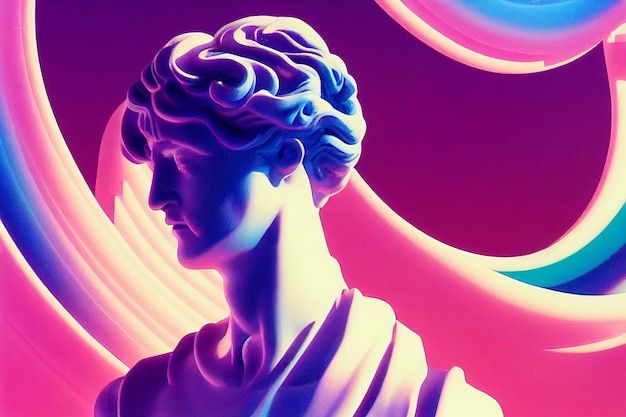 Griekse god sculptuur in retrowave stad pop ontwerp vaporwave stijl kleuren 3d-rendering