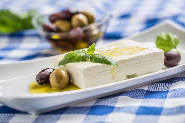 Griekse kaas feta met olijfolie olijven en basilicum bladeren.