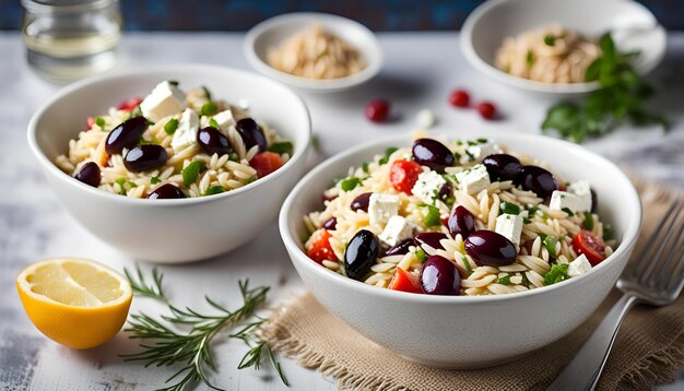 Griekse orzo-salade met feta en Kalamata-olijven