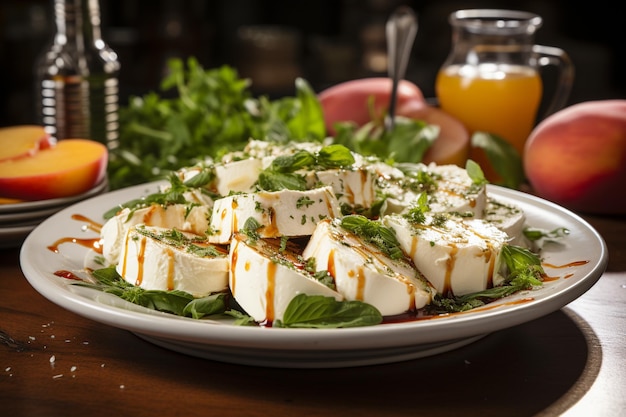 Griekse salade met feta kaas basilicum en olijfolie in een restaurant generatieve ai