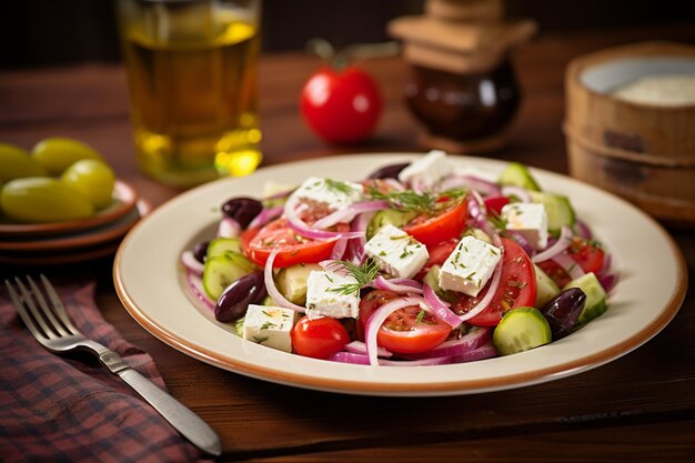 Foto griekse salade op een bord close-up