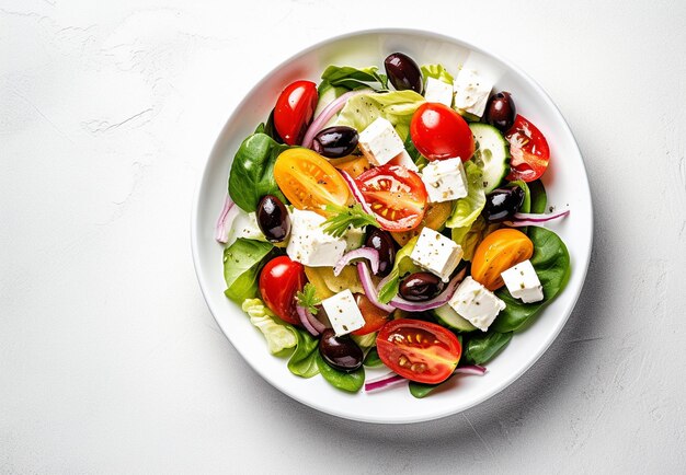 Griekse salade op een bord of schaal op een lichte achtergrond salade met feta kaas en olijven