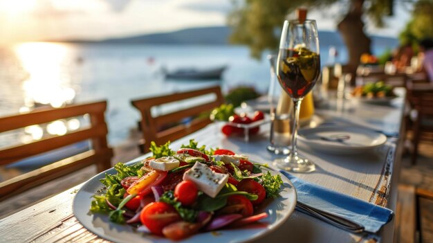 Griekse salade platter tegenover een café aan zee