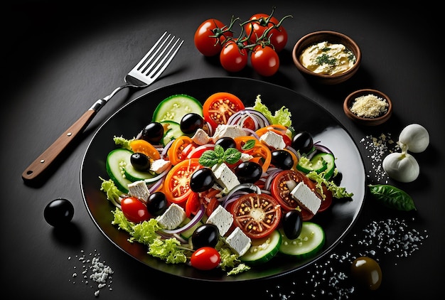 Griekse salade product studio foto donkere zwarte achtergrond verse tomaat en uiensalade Generatieve AI illustratie