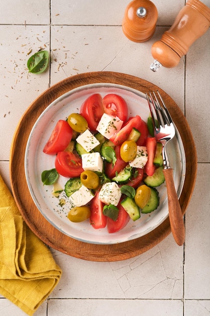 Griekse salade Verse Griekse salade met verse groenten, tomaat, komkommer, groene olijven en fetakaas op een oude grijze betonnen tafelachtergrond Bovenaanzicht