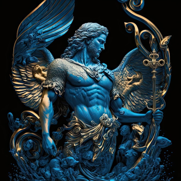 Foto griekse van water machtige godheid van de zee en oceanen neptunus ai gegenereerd standbeeld poseidon oude standbeeld antieke figuur met vleugels en zwaard wapen spier mannen hermes
