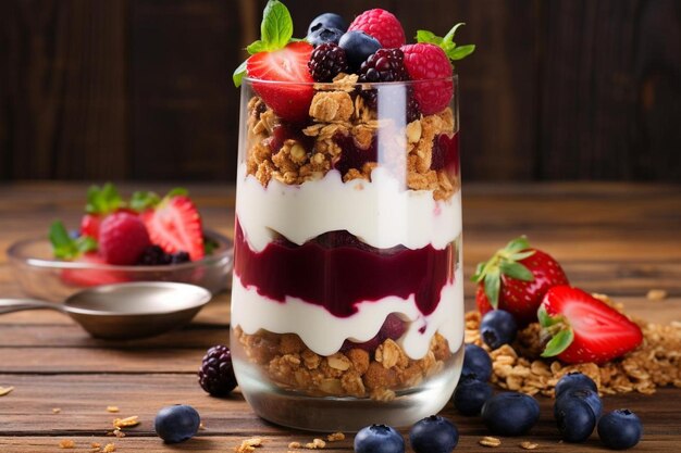 Griekse yoghurt en bessenparfait met granola