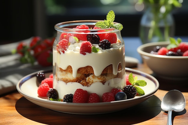 Griekse yoghurtparfait met bessen en honing op tafel met keukenachtergrond AI gegenereerd