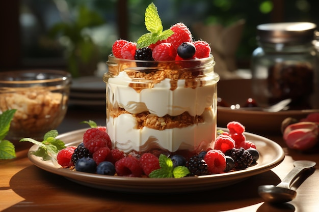 Griekse yoghurtparfait met bessen en honing op tafel met keukenachtergrond AI gegenereerd