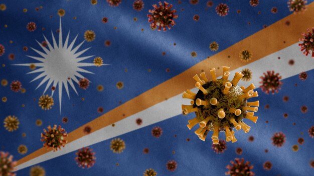 Griep coronavirus zweeft boven de vlag van Marshallese, ziekteverwekker die de luchtwegen aantast