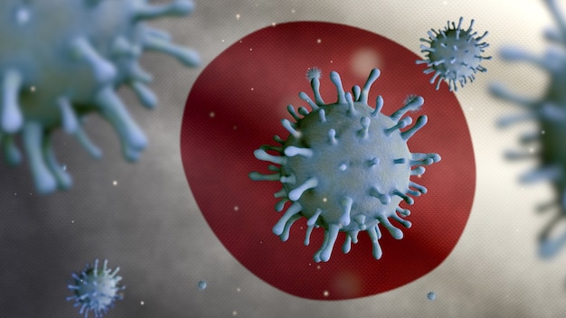 Griepcoronavirus zweeft boven de Japanse vlag, een ziekteverwekker die de luchtwegen aanvalt. Japan banner zwaaien met pandemie van Covid19 virusinfectie concept. Close up van echte stof textuur vlag