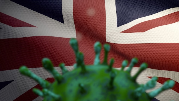 Griepcoronavirus zweeft boven de vlag van het Verenigd Koninkrijk, een ziekteverwekker die de luchtwegen aanvalt. Groot-Brittannië banner zwaaien met pandemie van Covid19 virusinfectie concept. Close-up stof textuur vlag