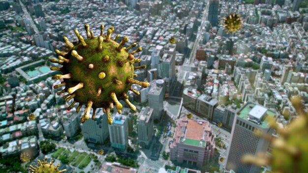 griepcoronavirus zweeft boven een moderne stad in Taipei