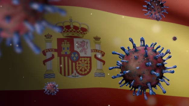 Griepcoronavirus zweeft over de Spaanse vlag, een ziekteverwekker die de luchtwegen aanvalt. Spanje banner zwaaien met pandemie van Covid19 virusinfectie concept. Close up van echte stof textuur vlag