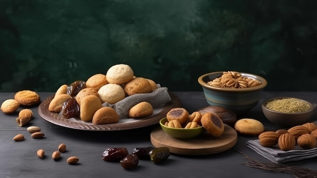 Griesmeelmaamoulkoekjes met dadels, walnoten en pistachenoten, traditionele Arabische snoepjes voor Eid al Adha en Eid al Fitr