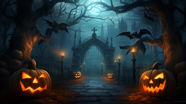 Griezelig Halloween-spookhuis met een pompoenveldje